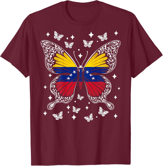Venezuelan Roots -Kids Venezuelan Flag Butterfly , Black, Small, Short Sleeve T-Shirt - T-Shirt | Maroon