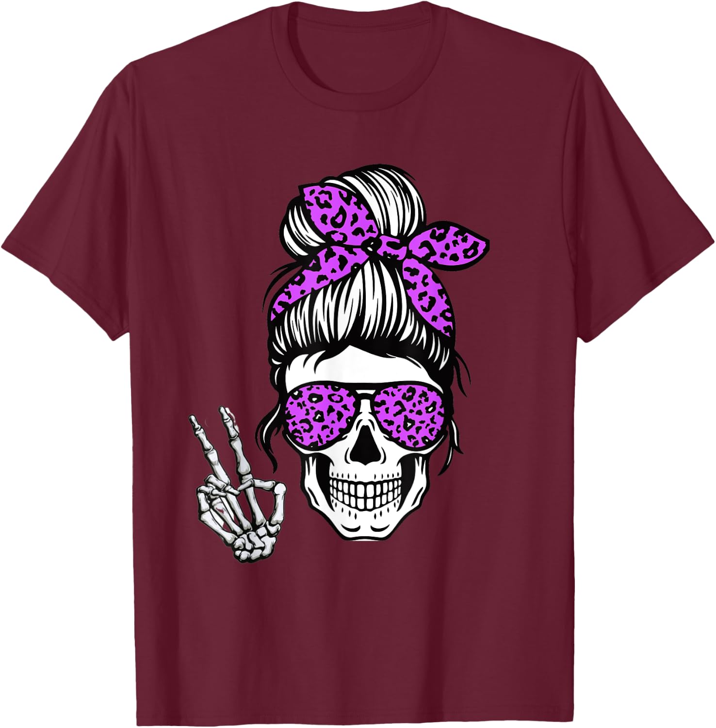 Boho Skeleton Messy Bun Bandana Halloween Apparel For Mom T-Shirt - T-Shirt | Maroon