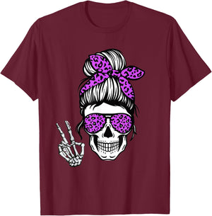 Boho Skeleton Messy Bun Bandana Halloween Apparel For Mom T-Shirt - T-Shirt | Maroon