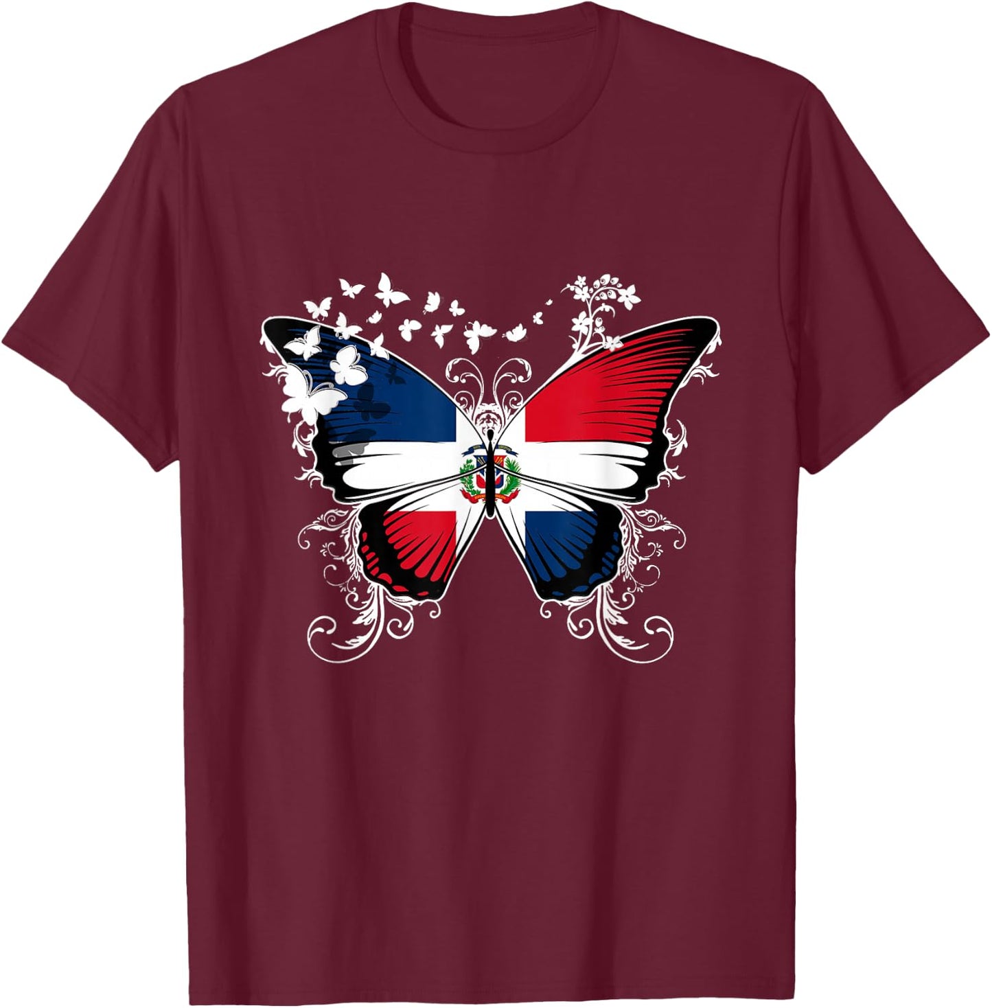 Dominican Republic Flag Shirt Butterfly Graphic T Shirt T-Shirt - T-Shirt | Maroon