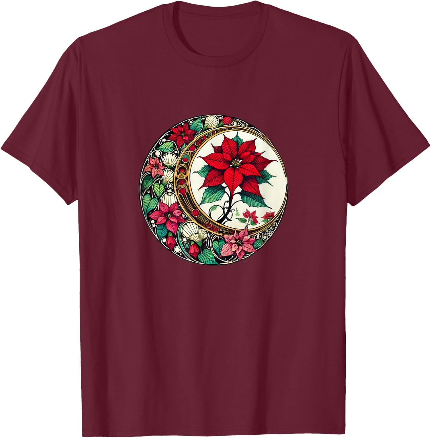 Poinsettia Lovers Snugg Christmas Poinsettias Art Nouveau Poinsettia -Adults Black Small Short Sleeve T-Shirt - T-Shirt | Maroon