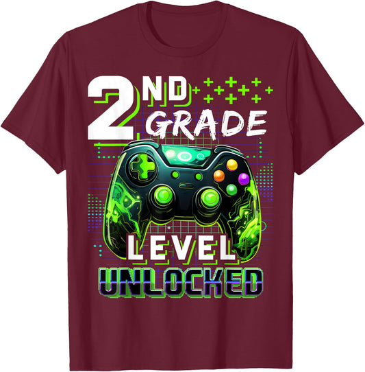 Back to School 2nd Grade Boys Gamer First Day School Level T-Shirt - T-Shirt | Maroon