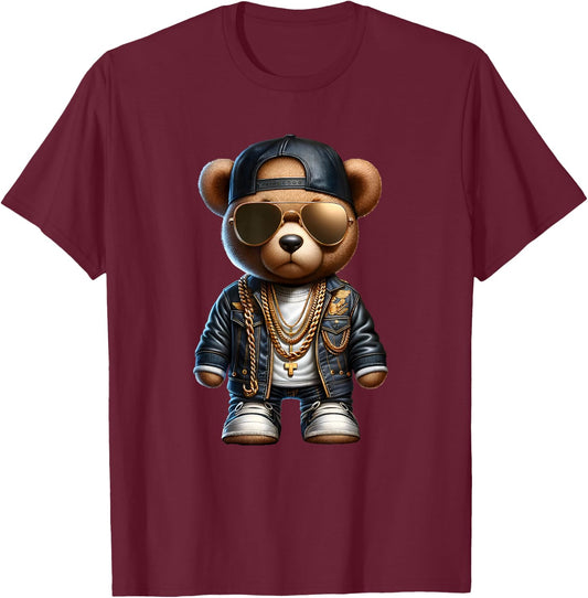 Stylish Bear with Golden Chains T-Shirt - T-Shirt | Maroon