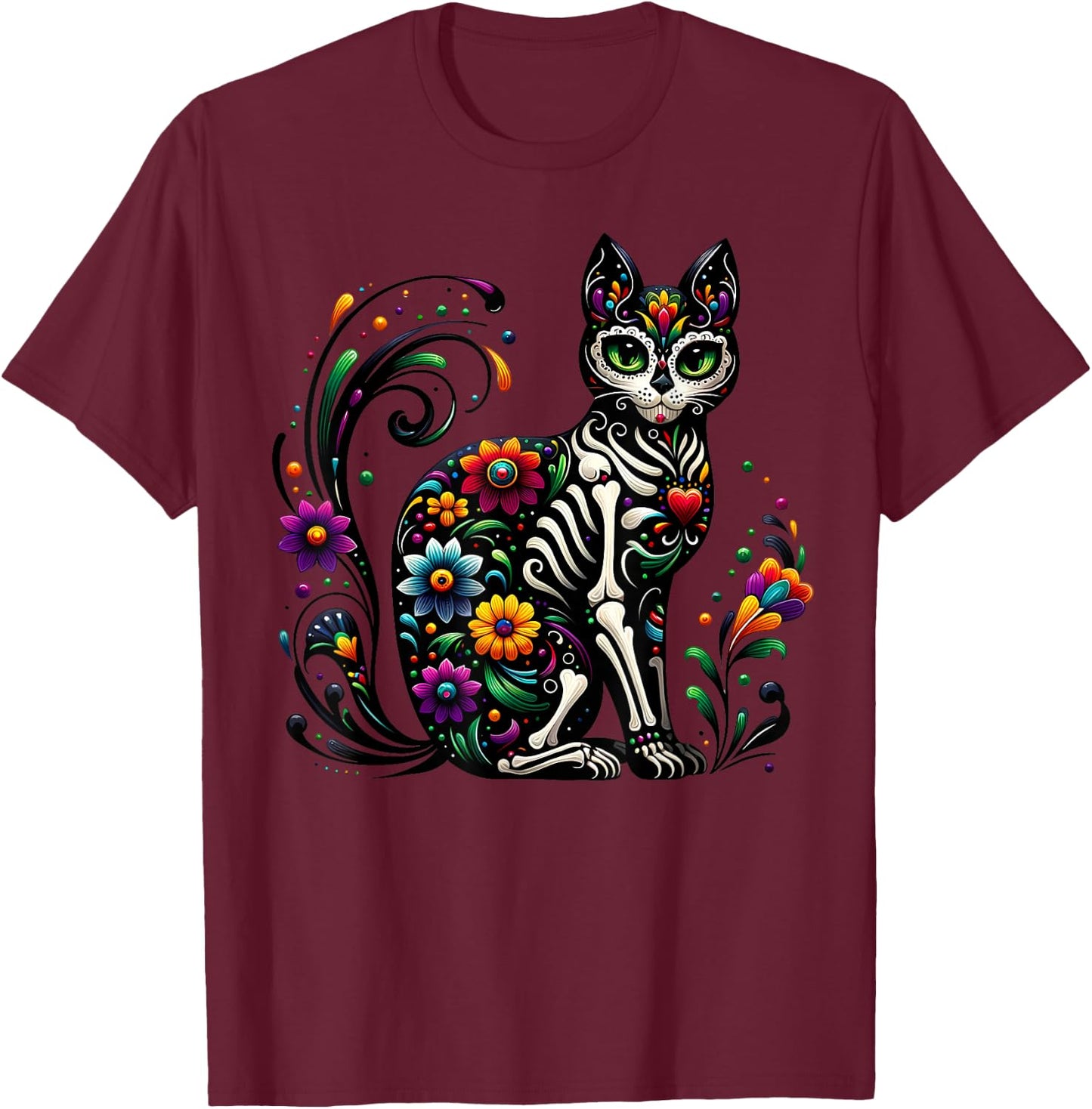 Dia De Los Muertos Cinco De Mayo Cat Sugar Skull Men Women T-Shirt - T-Shirt | Maroon