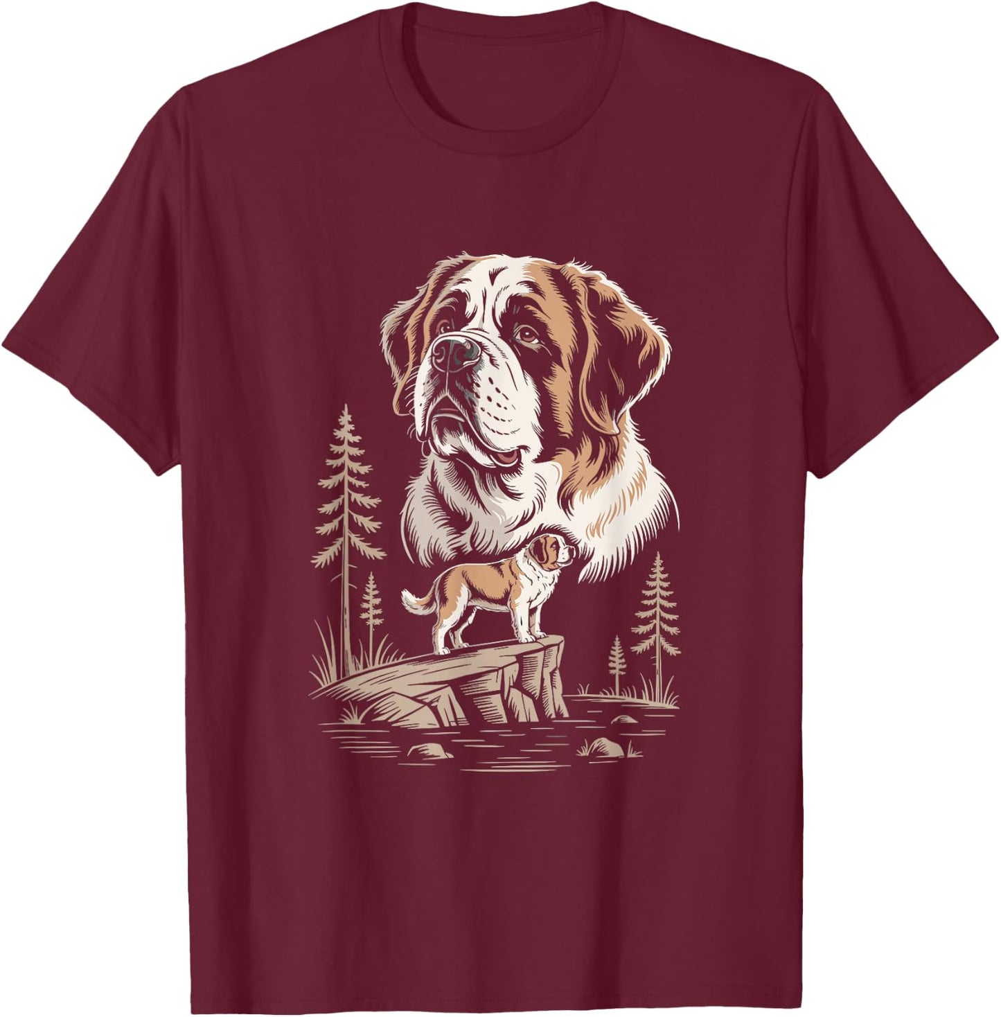 Majestic Saint Bernard Dog Mountain Lake Scene T-Shirt - T-Shirt | Maroon