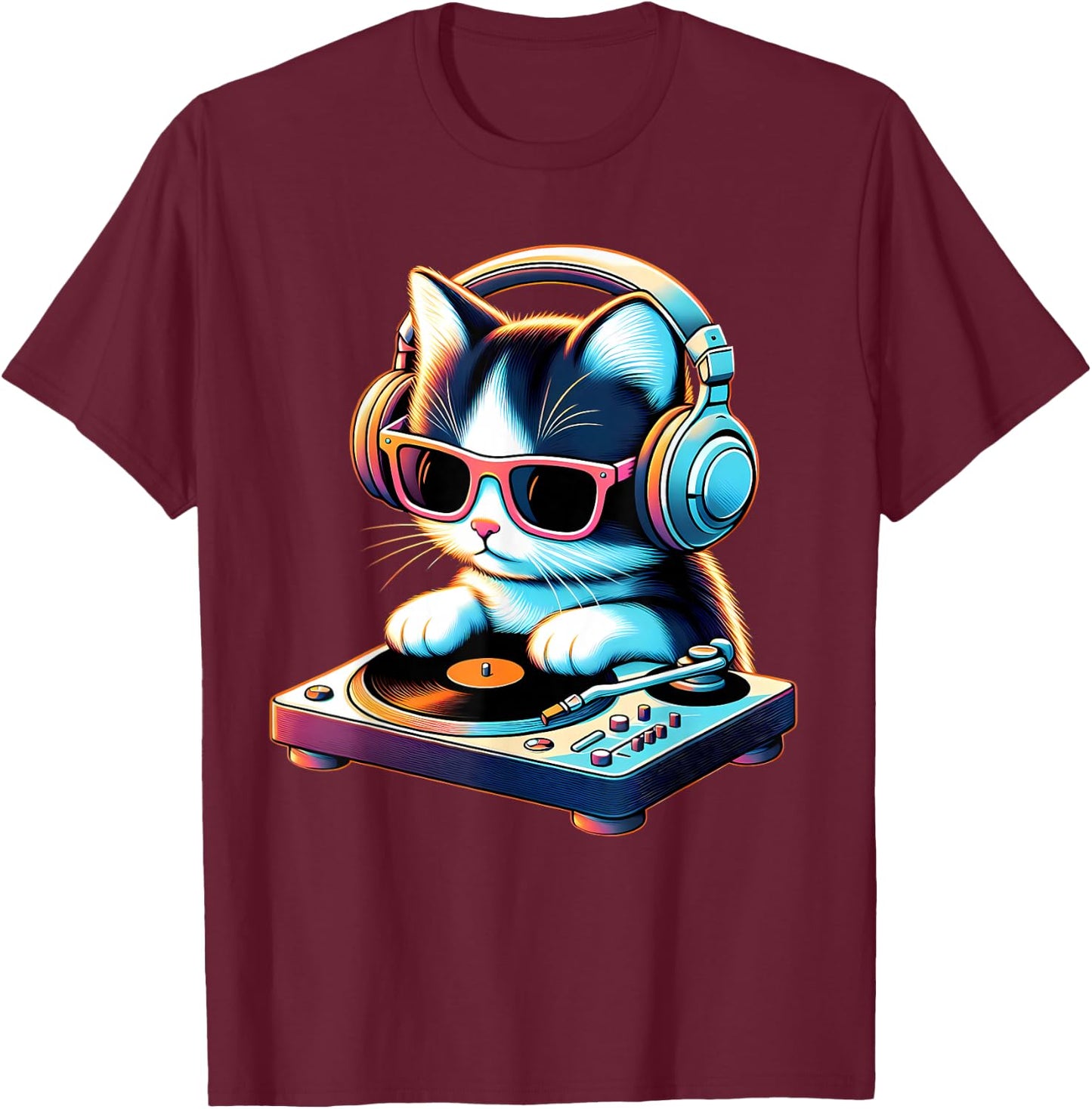 DJ Kitten Turntable Music Vibe Cat Cool Modern Playful Art T-Shirt - T-Shirt | Maroon