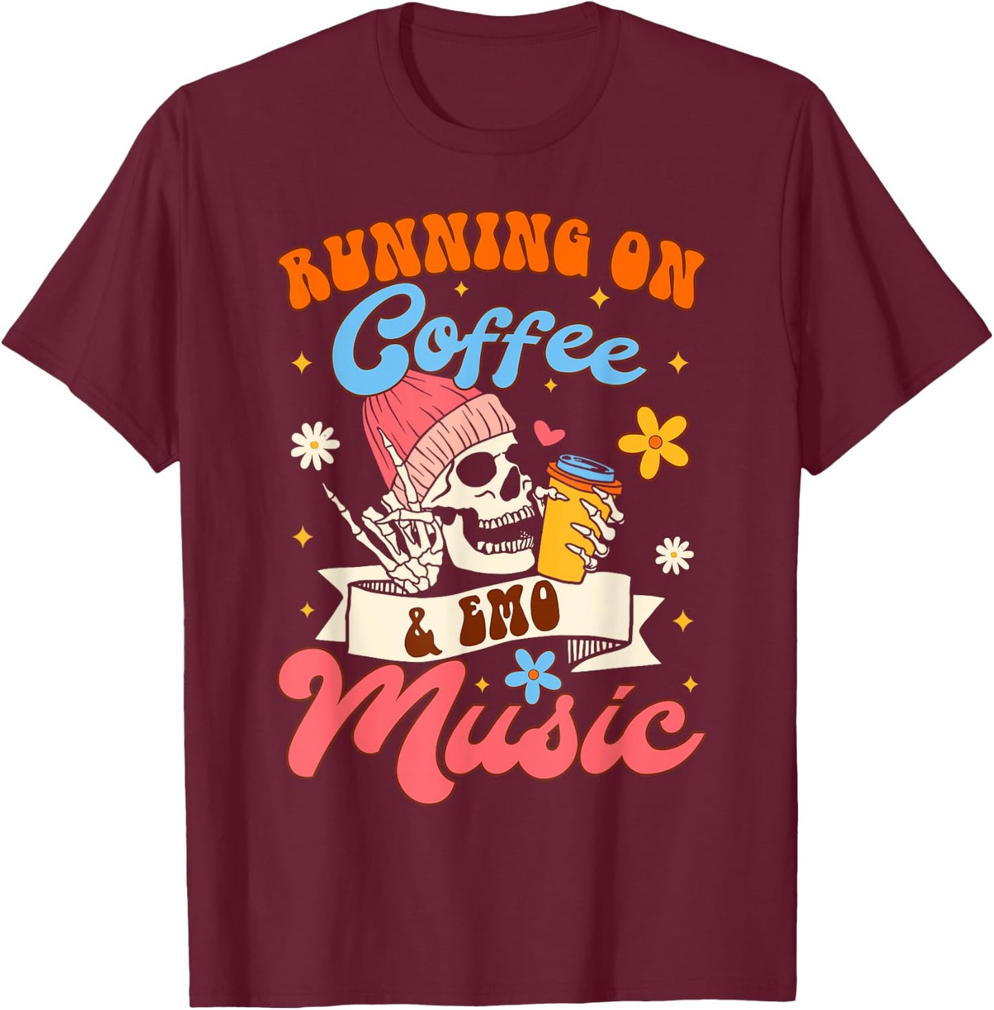 Coffee Lover Caffeinated Running On Coffee & Emo Music T-Shirt - T-Shirt | Maroon