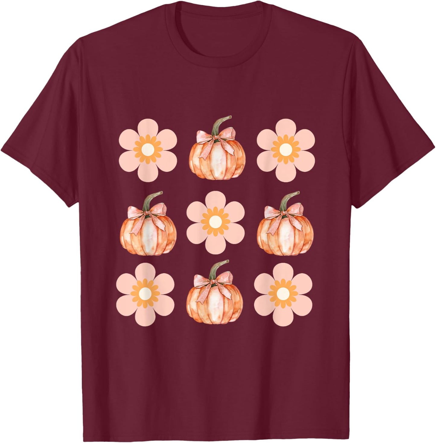 Floral pumpkin Cute Halloween Pumpkin and daisy coquette bow T-Shirt - T-Shirt | Maroon