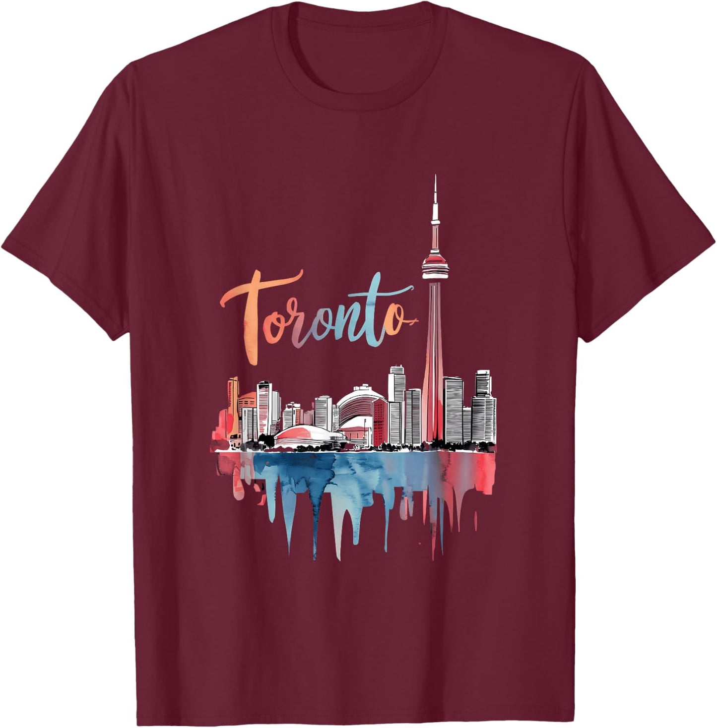 Toronto Watercolor Skyline with CN Tower Vibrant Cityscape T-Shirt - T-Shirt | Maroon