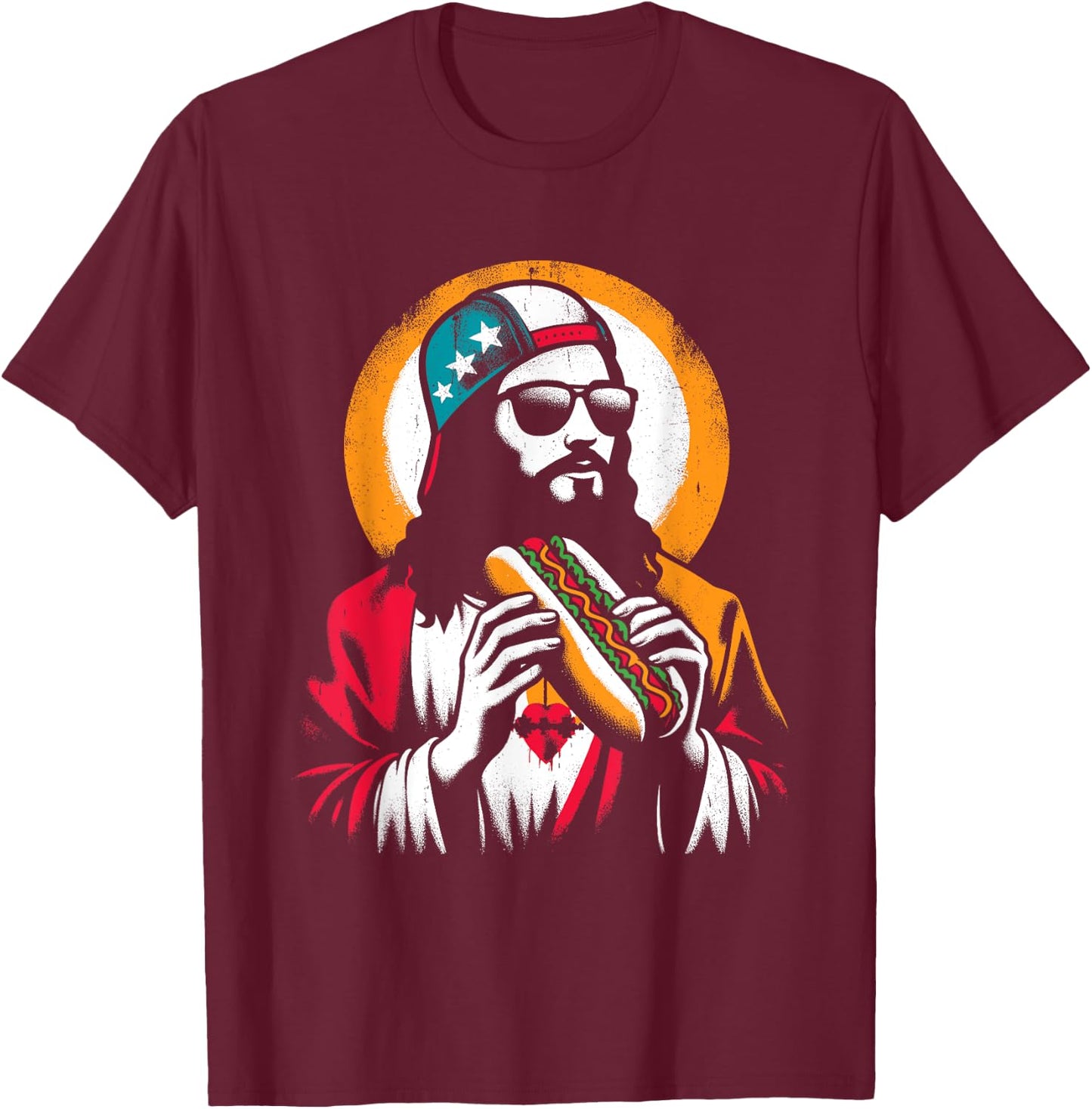 Jesus Eating Hot Dog - Funny Christian Religious Hot Dogs Women Girls Kids T-Shirt - T-Shirt | Maroon