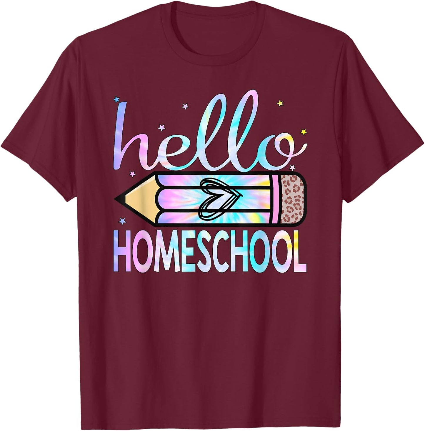 Back To School Hello Homeschool Leopard Tie Dye Pencil T-Shirt - T-Shirt | Maroon