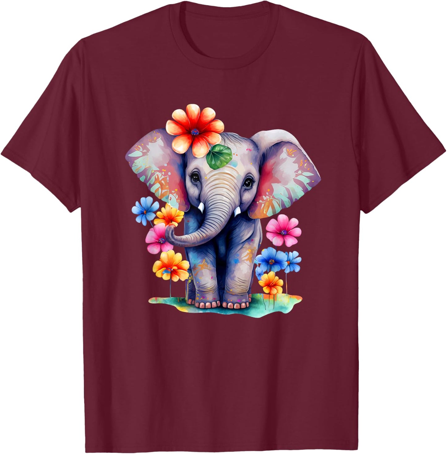 Baby Elephant With Flowers Design For Girls Women Kids T-Shirt - T-Shirt | Maroon