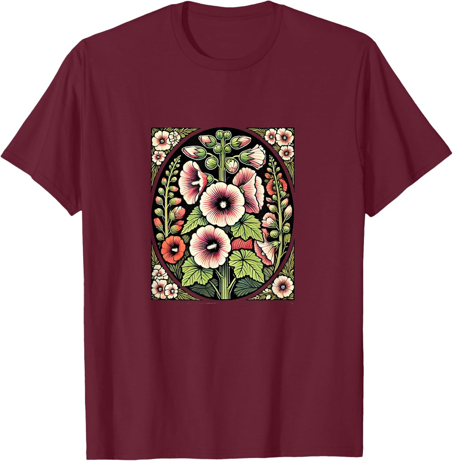 Hollyhock Illustration Hollyhocks flower Gardener art T-Shirt - T-Shirt | Maroon
