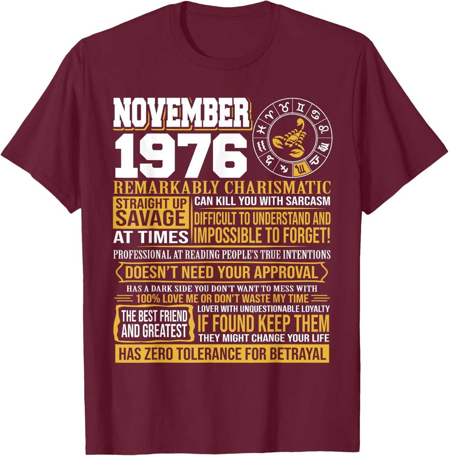 November Birthday Gifts - Born November Scorpio 1976 Funny T-Shirt - T-Shirt | Maroon