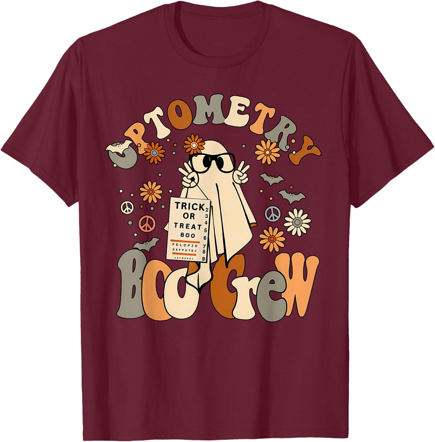 Spooky Optometry Boo Crew Ghost Halloween Eye Doctor T-Shirt - T-Shirt | Maroon