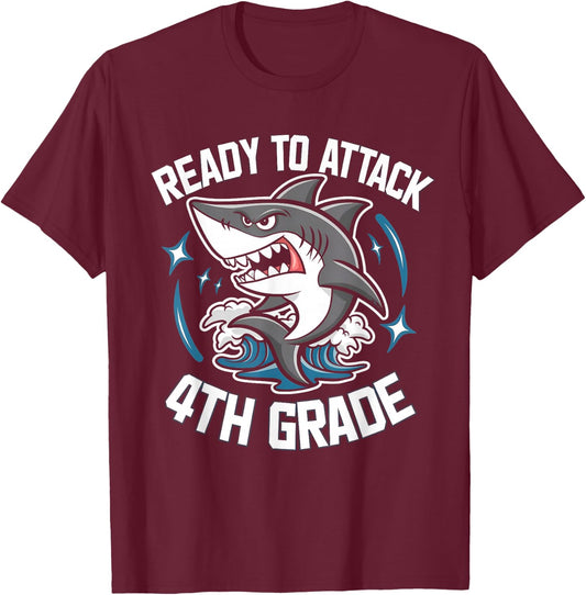 Ready To Attack 4th Grade Shark Funny Back To School Boys T-Shirt - T-Shirt | Maroon