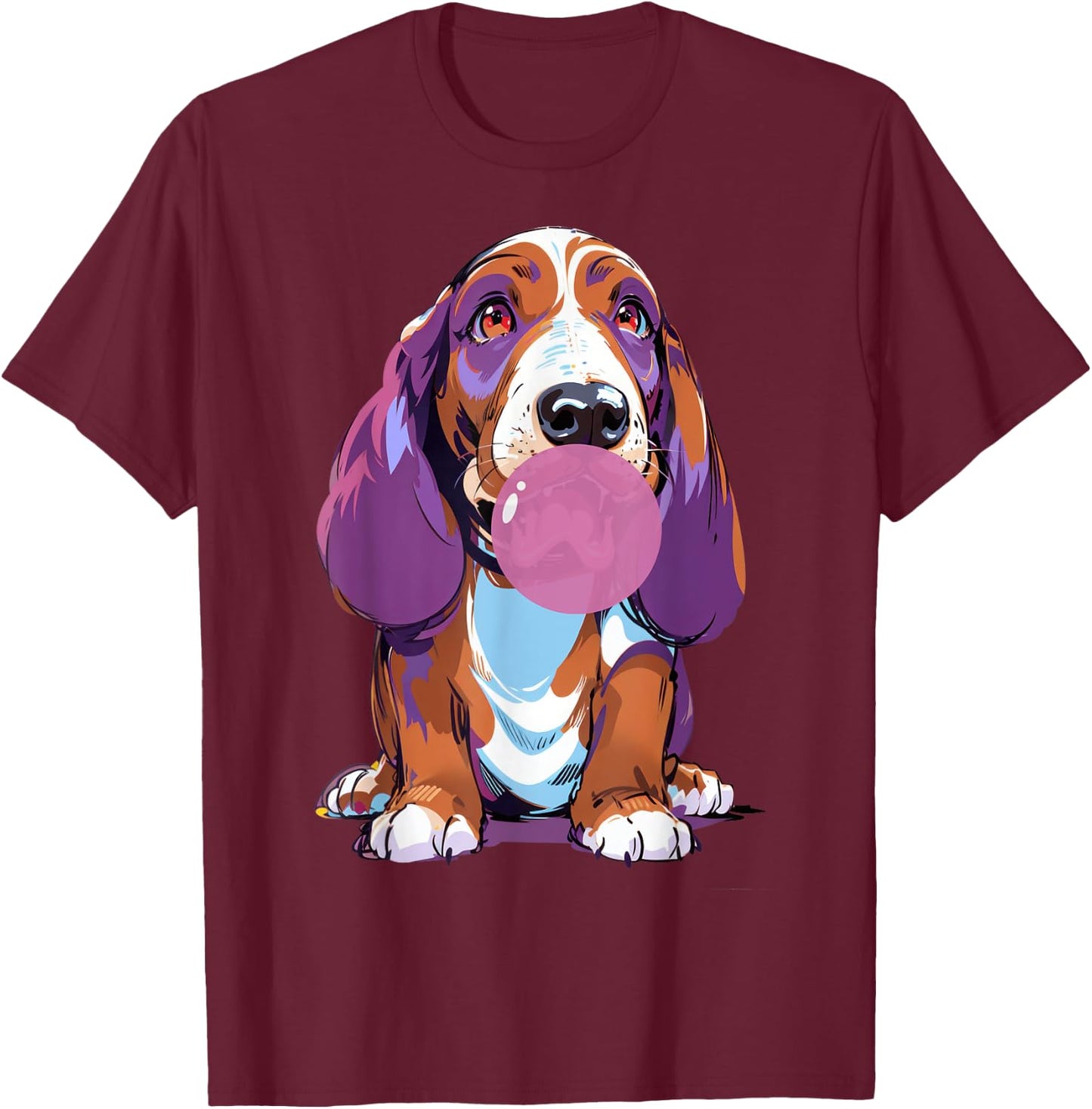 Basset Hound Blowing Bubblegum Playful Design T-Shirt - T-Shirt | Maroon