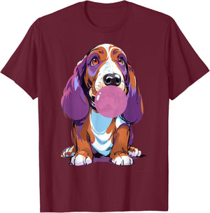 Basset Hound Blowing Bubblegum Playful Design T-Shirt - T-Shirt | Maroon