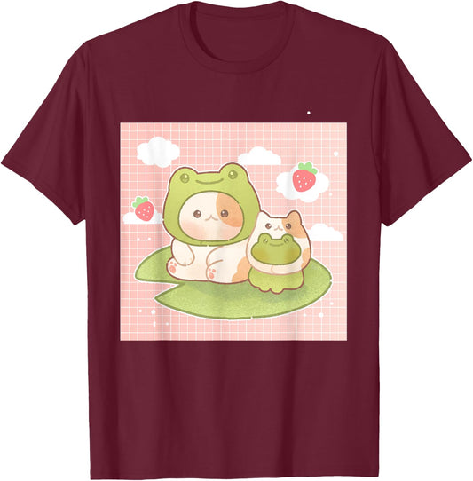 Kawaii Cat Frog Strawberry Retro 90s Cottagecore Aesthetic T-Shirt - T-Shirt | Maroon
