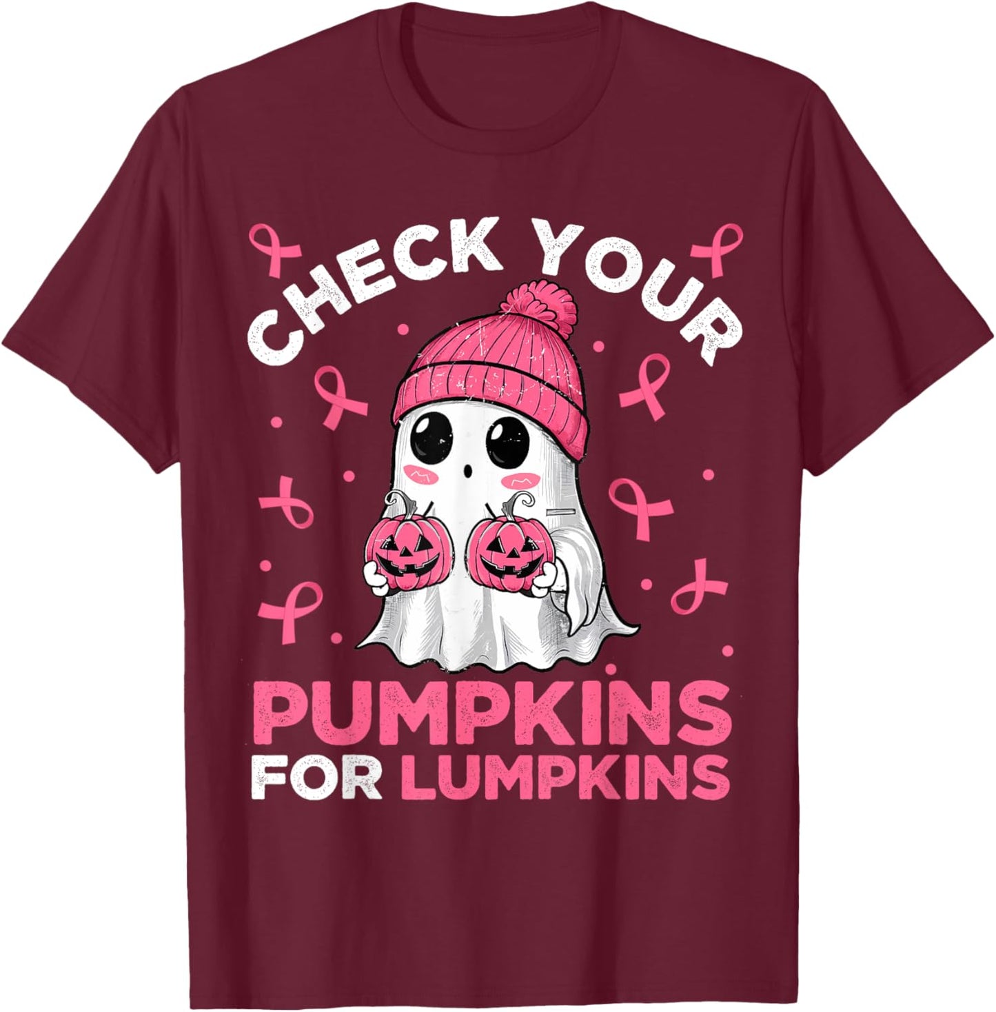 Breast Cancer Halloween Boo Ghost Check Your Pumpkins T-Shirt - T-Shirt | Maroon