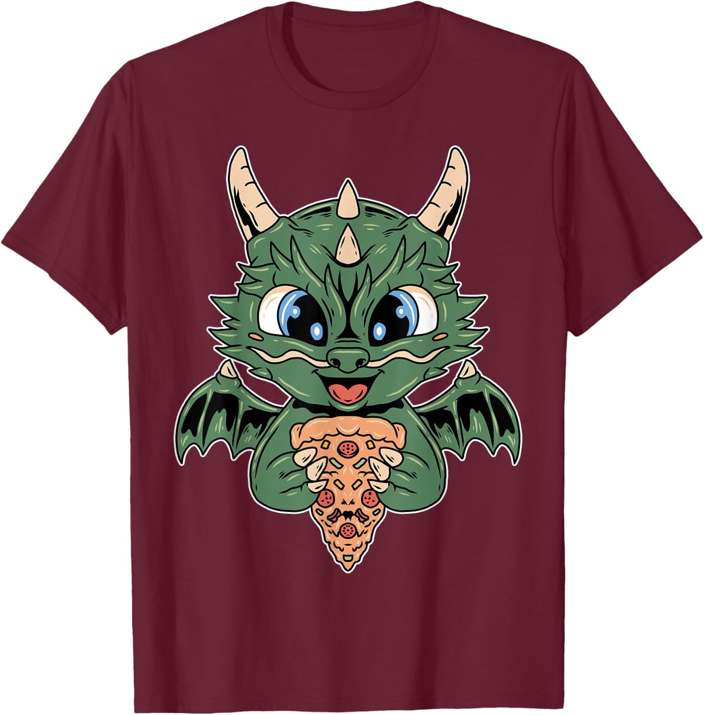 Mythical Kawaii Dragon Wings Pizza Fantasy T-Shirt - T-Shirt | Maroon