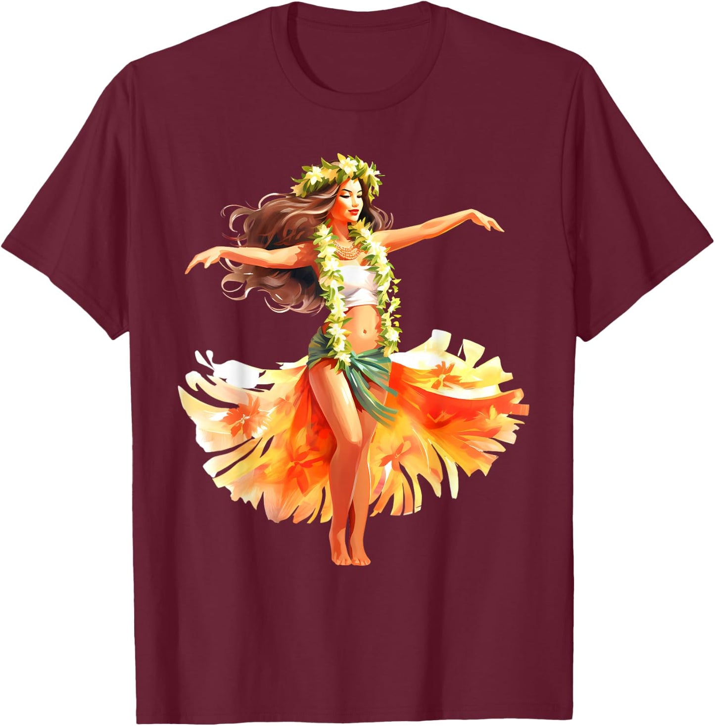 Hula Pin-Up Girl x Pretty Hawaiian Girl Watercolor T-Shirt - T-Shirt | Maroon