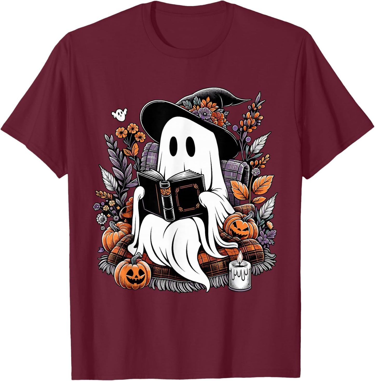 Ghost Reading Books Pumpkin Halloween T-Shirt - T-Shirt | Maroon