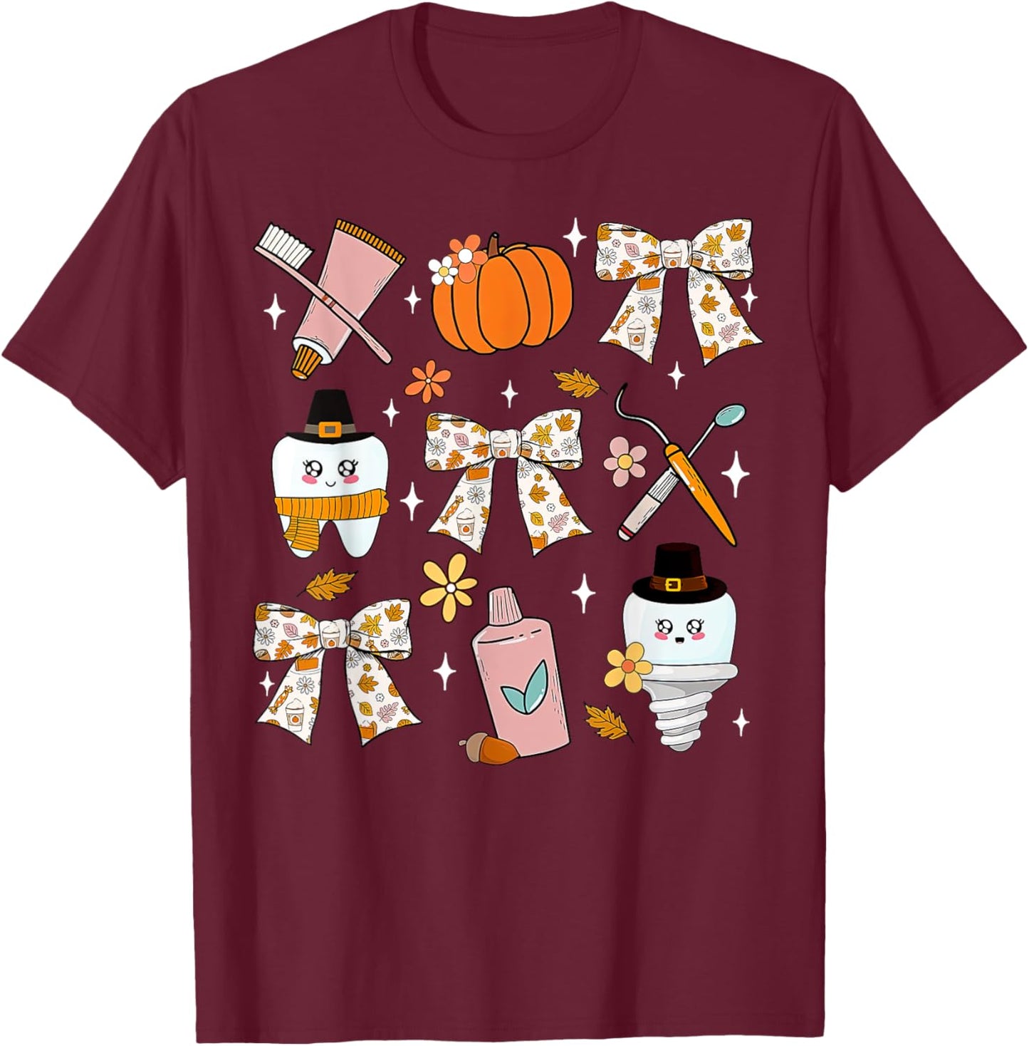 Coquette Bow Dental Squad Fall Autumn Dentist Assistant T-Shirt - T-Shirt | Maroon