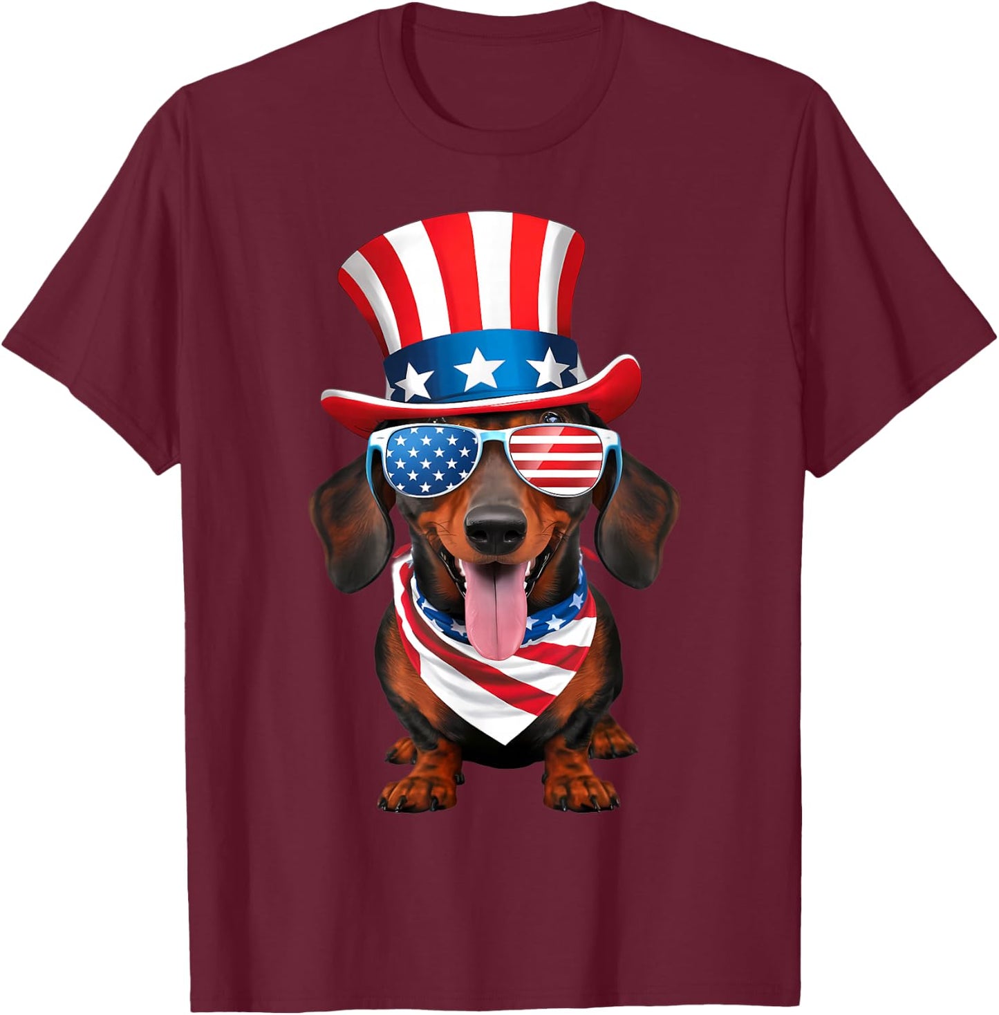 Dachshund Dog American Flag Glasses Hat 4th of July T-Shirt - T-Shirt | Maroon