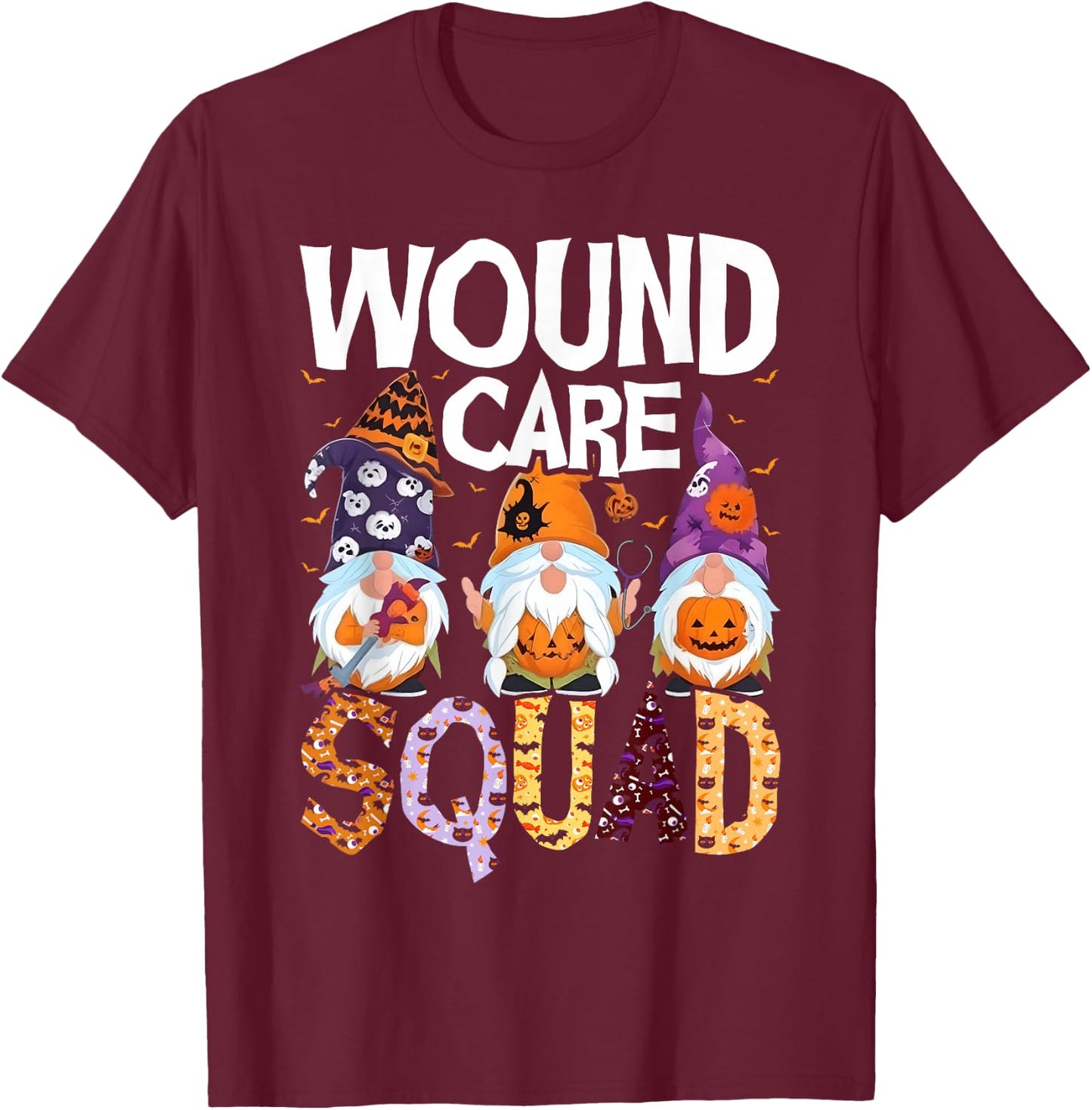 Wound Care Squad Gnome Nurse Halloween Scrubs Stethoscope T-Shirt - T-Shirt | Maroon