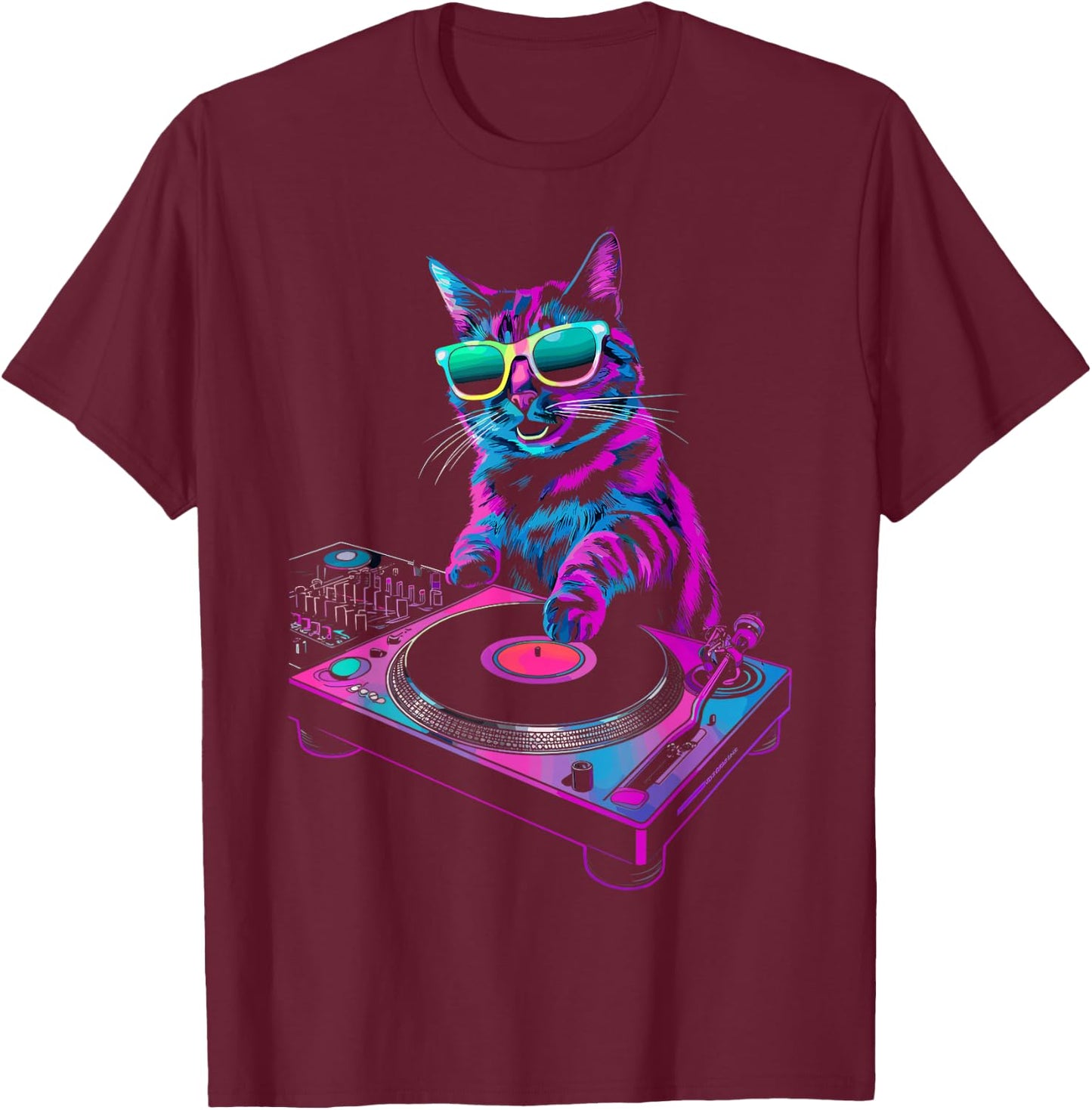 House DJ Cat Rainbow DJ Cat Kitty on Turntable Disco DJ Cat , Small, Black T-Shirt - T-Shirt | Maroon
