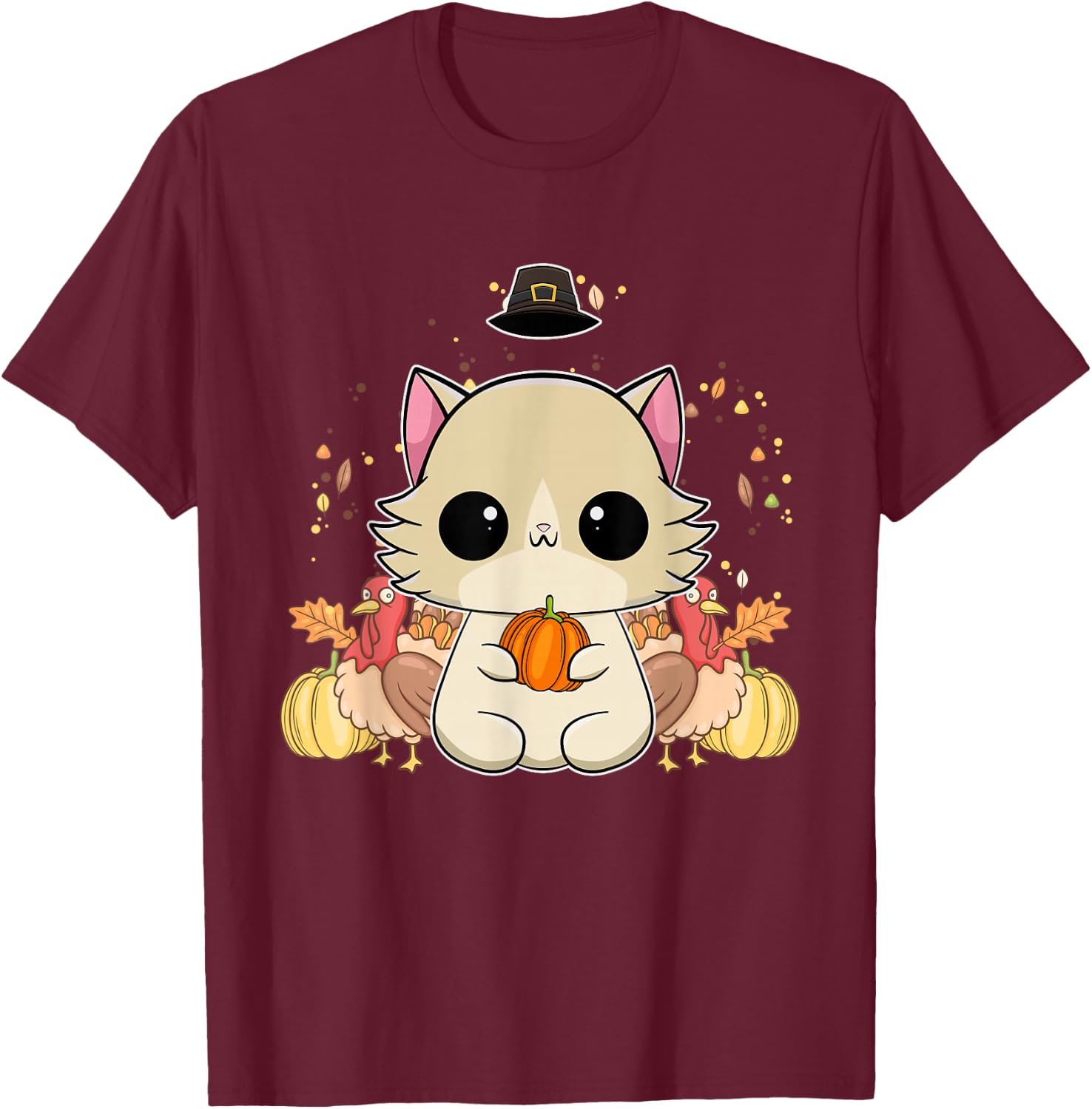 Ragdoll Cat Anime Kitten Thanksgiving Turkey T-Shirt - T-Shirt | Maroon