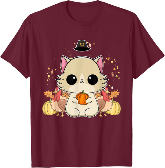 Ragdoll Cat Anime Kitten Thanksgiving Turkey T-Shirt - T-Shirt | Maroon