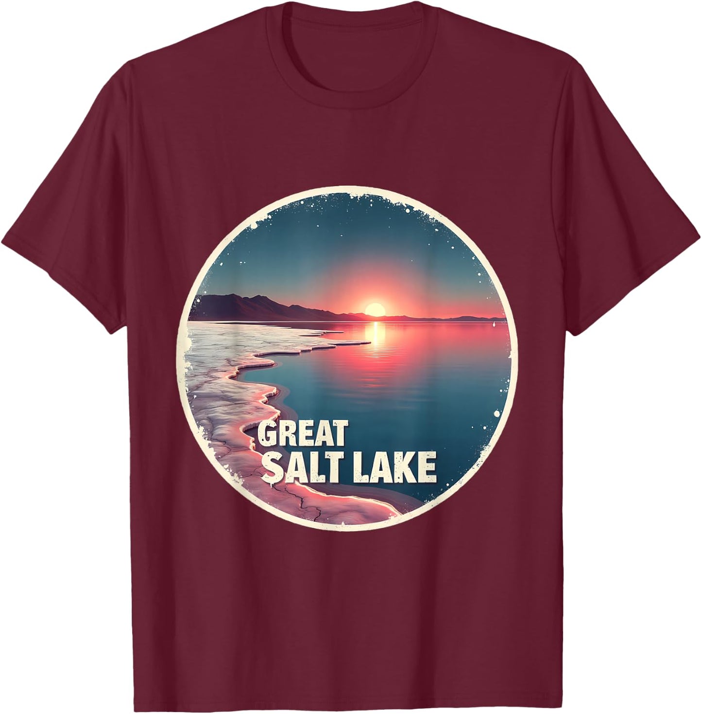 Great Salt Lake Scenic Sunset Tranquil Landscape T-Shirt - T-Shirt | Maroon