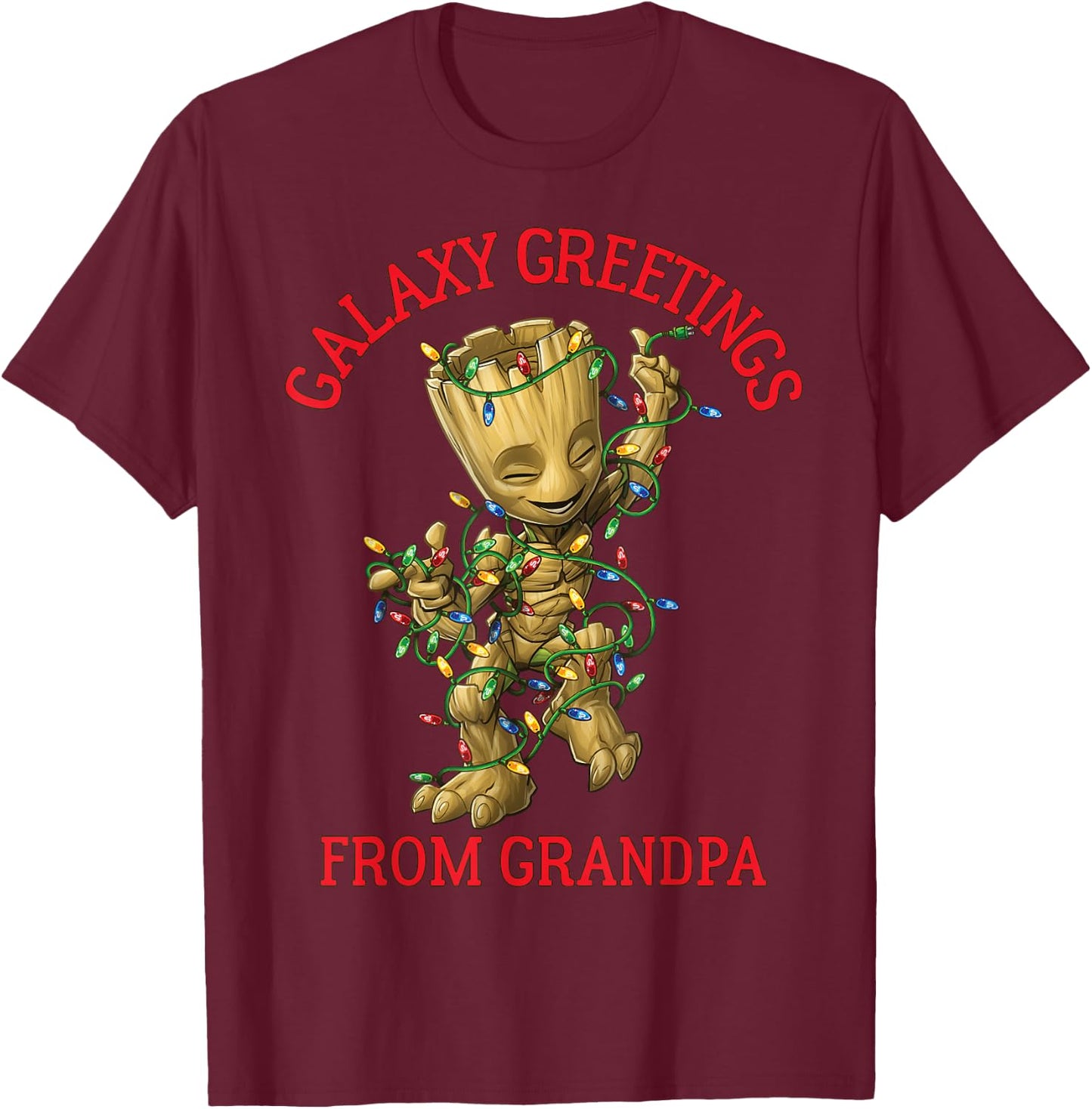 Marvel Groot Galaxy Greetings From Grandpa Christmas T-Shirt - T-Shirt | Maroon
