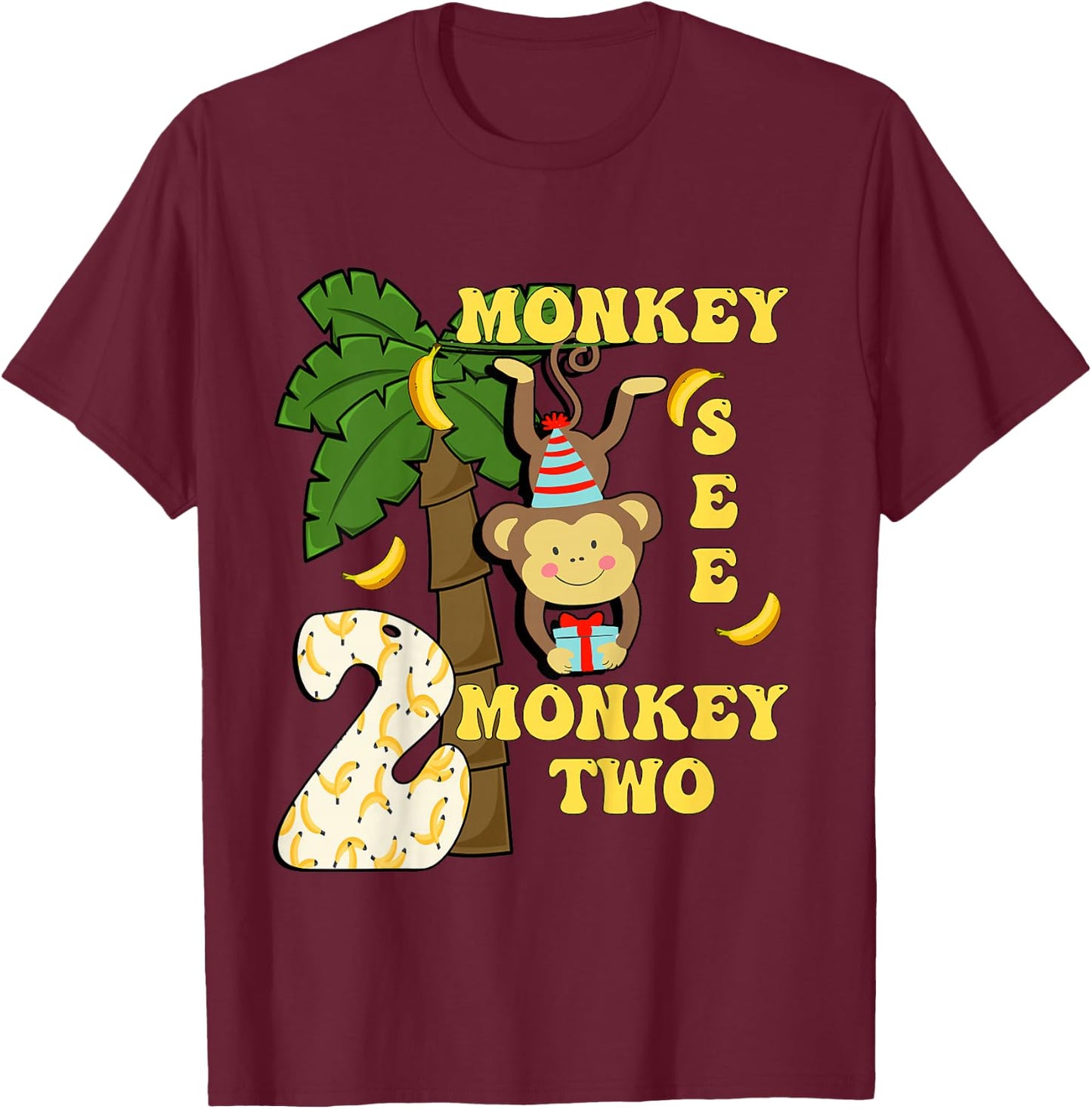 2 Years Old Monkey Party Themes 2nd Birthday T-Shirt - T-Shirt | Maroon