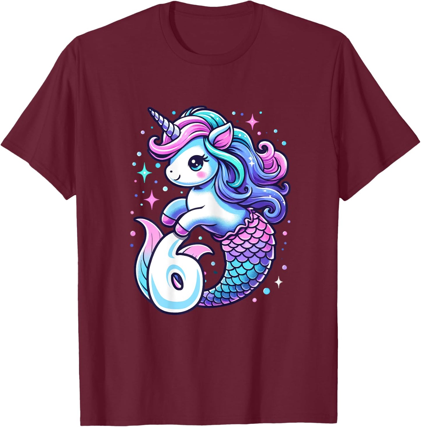 Unicorn Mermaid 6th Birthday 6 Year Old Party Girls Outfit T-Shirt - T-Shirt | Maroon
