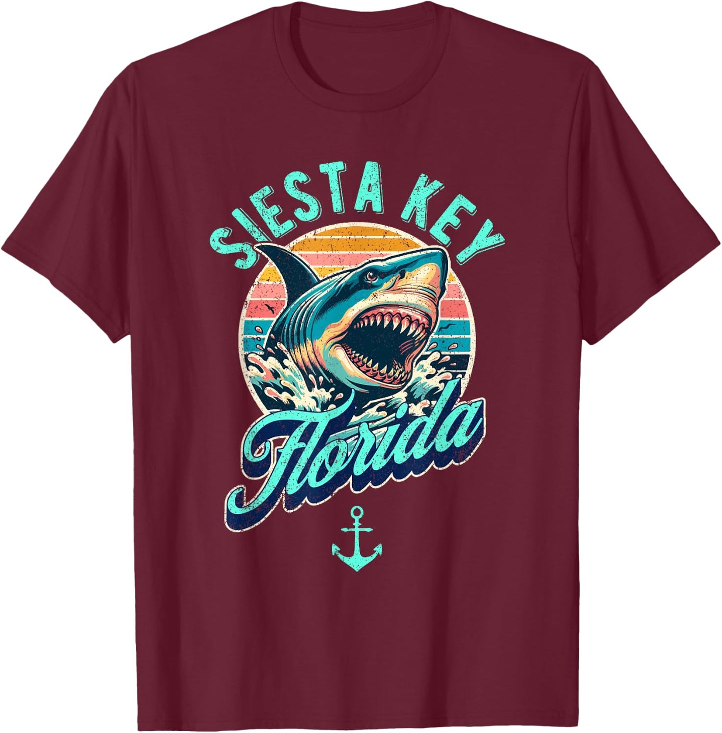 Siesta Key Florida Shark Retro Distressed Design T-Shirt - T-Shirt | Maroon