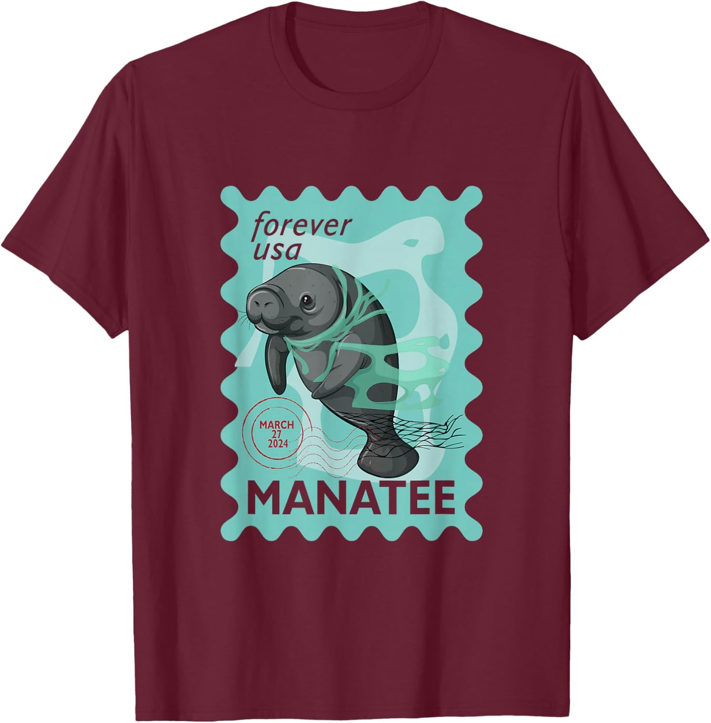 Manatee Stamp Wildlife Animal Manatee Lover Postal Worker T-Shirt - T-Shirt | Maroon