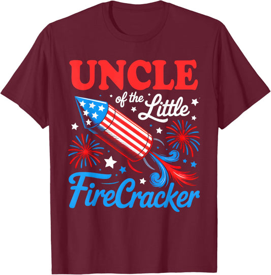 Uncle Of The Little Firecracker 4th of July Birthday Party T-Shirt - T-Shirt | Maroon