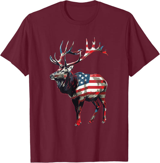 Elk American Flag T-Shirt - T-Shirt | Maroon