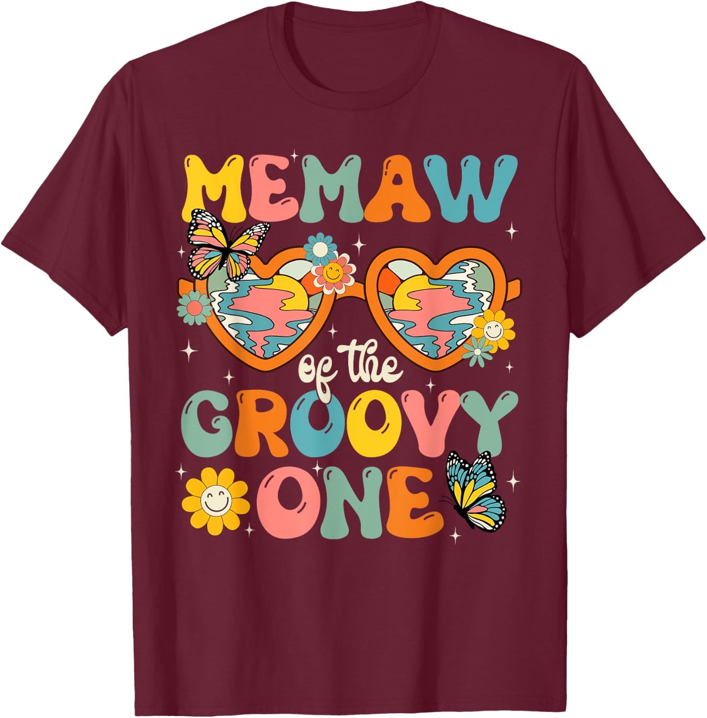 Memaw of the Groovy One Glasses Birthday Party T-Shirt - T-Shirt | Maroon
