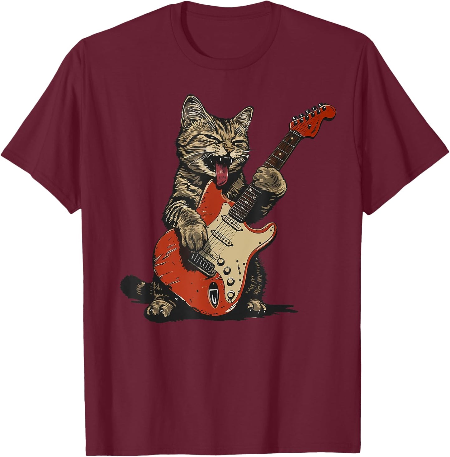 Rock and Roll Guitar Cat Vintage ROCK Guitarist Cat Men Women Girls Kids T-Shirt - T-Shirt | Maroon