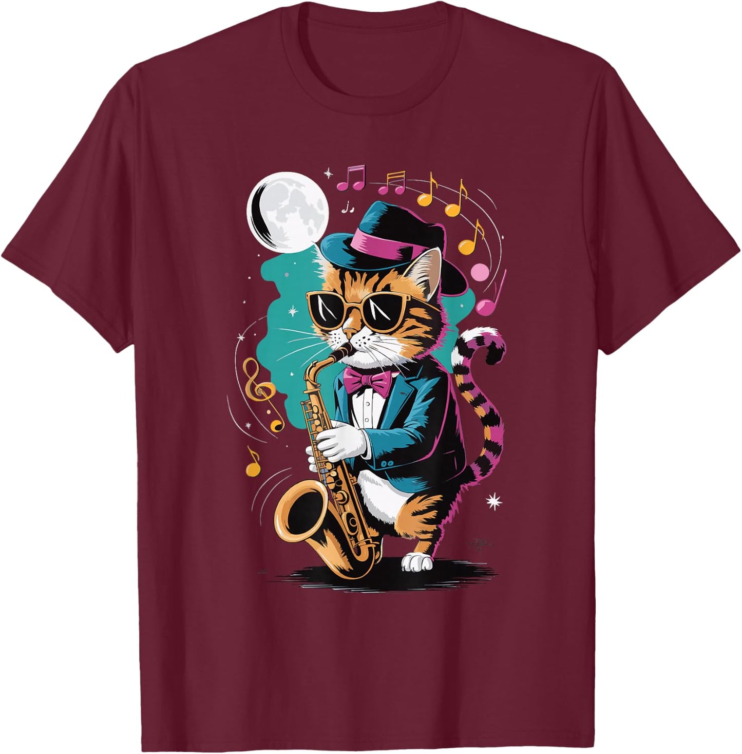 Cat Playing Saxophone Men Women Kids T-Shirt - T-Shirt | Maroon