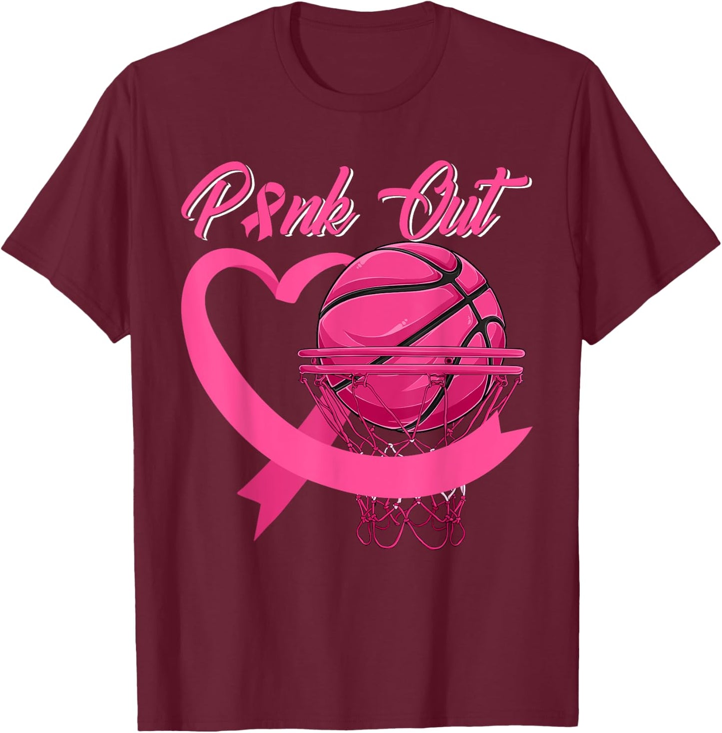 Pink Out Breast Cancer Pink Ribbon Heart & Basketball Ball T-Shirt - T-Shirt | Maroon