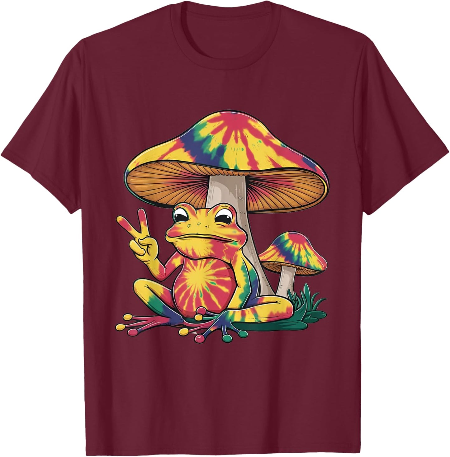 Tie Dye Mushroom and Frog Peace Sign Hippie Animal Vintage T-Shirt - T-Shirt | Maroon