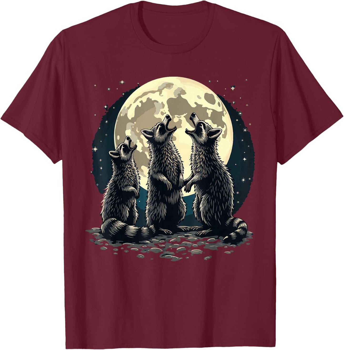 3 Racoons Moon Howling Raccoon Funny Raccoon T-Shirt - T-Shirt | Maroon