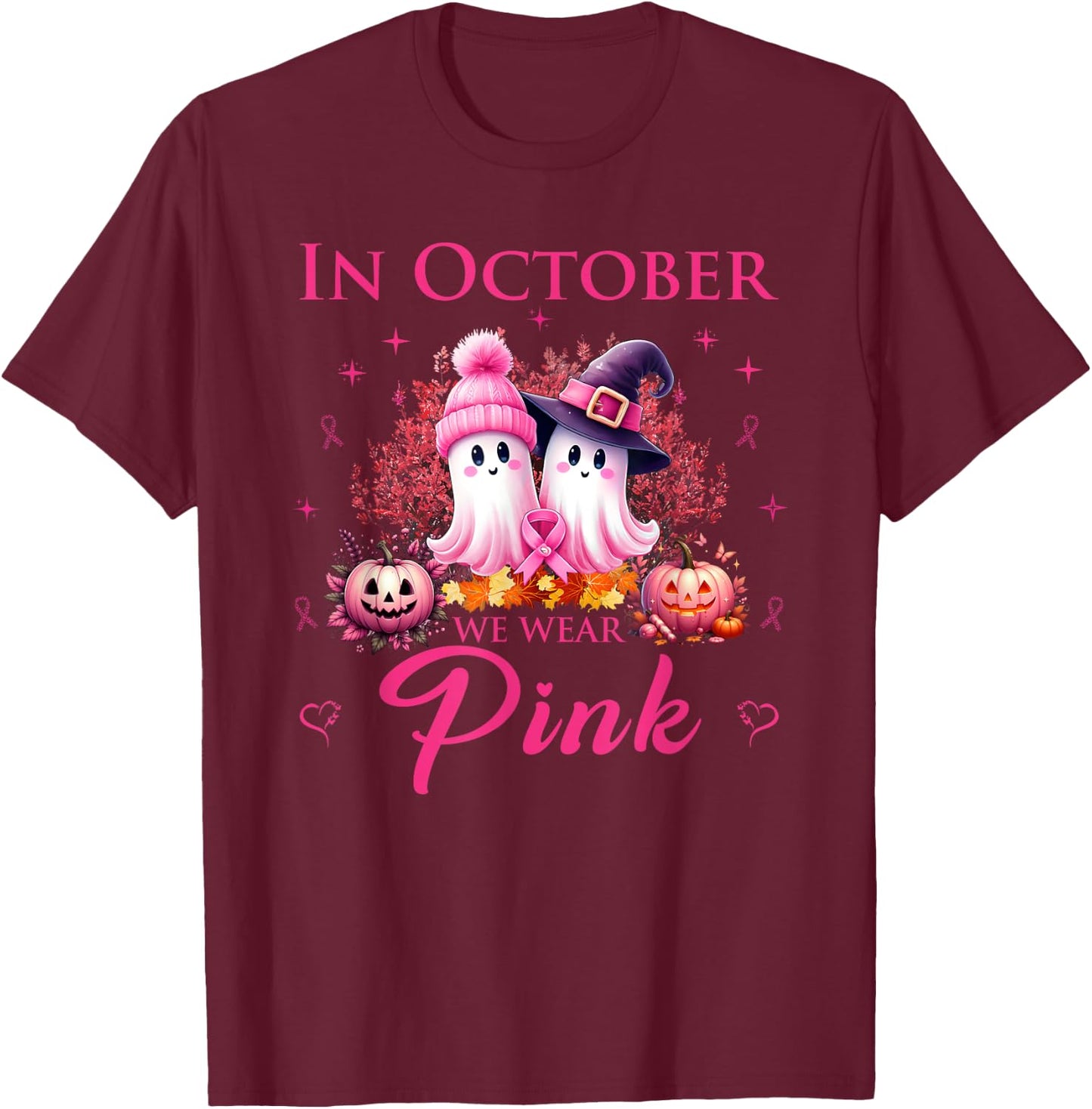 In October We Wear Pink Ghost Breast Cancer Awareness T-Shirt - T-Shirt | Maroon