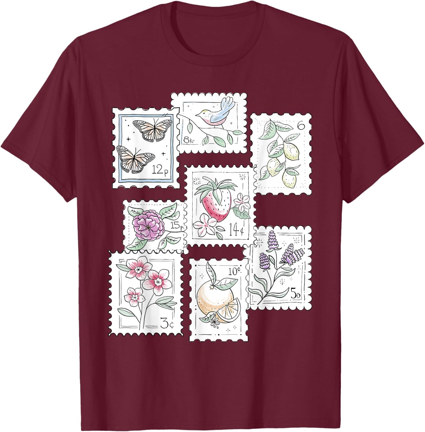 Postage Stamp Pattern Flowers Butterflies Bird Strawberry T-Shirt - T-Shirt | Maroon