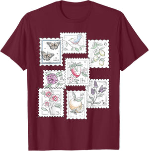 Postage Stamp Pattern Flowers Butterflies Bird Strawberry T-Shirt - T-Shirt | Maroon